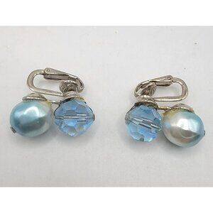 Vintage Retro Blue‎ Crystal And Faux Pearl Clip On Earrings Classic Beautiful